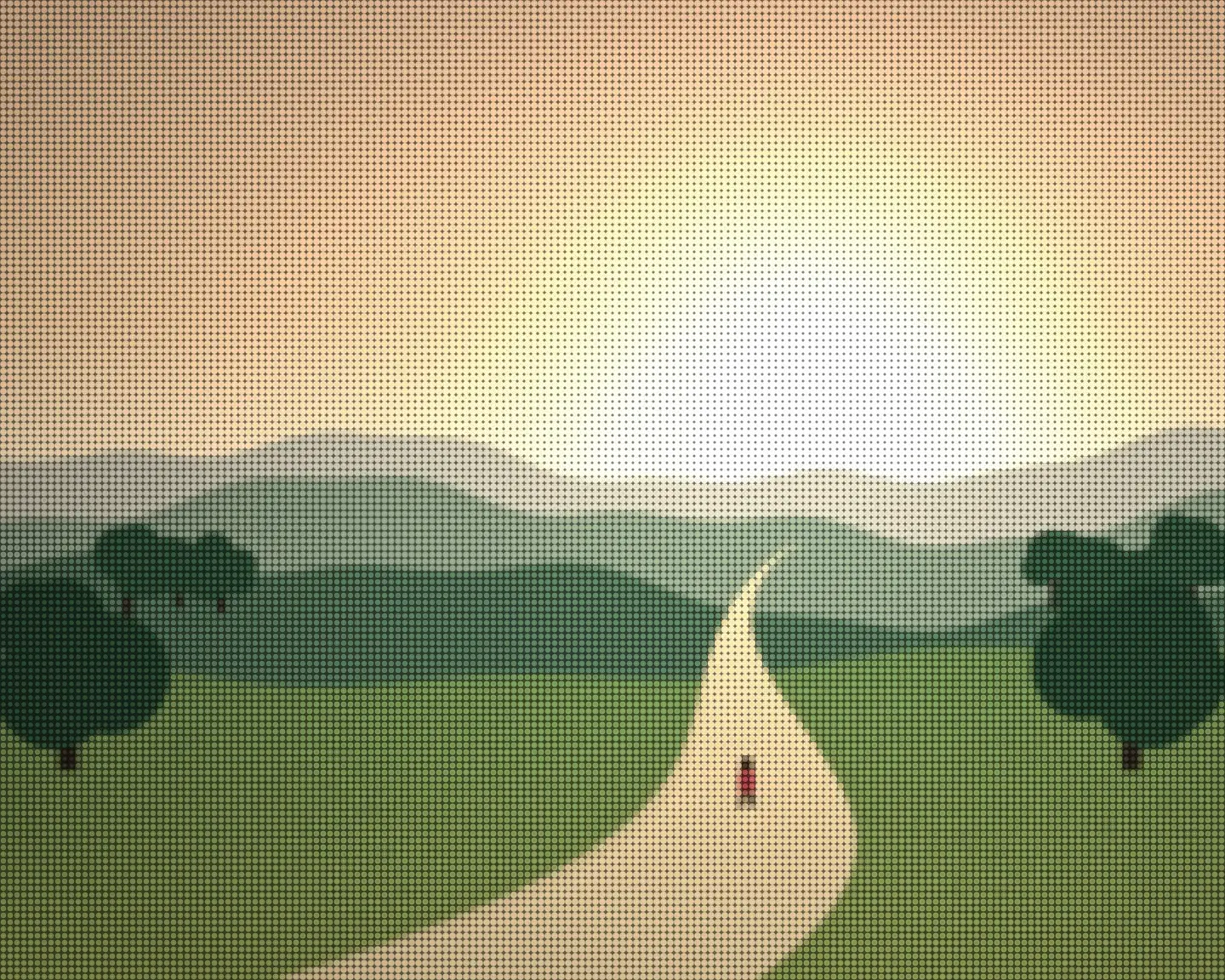 A path winding through green hills at sunrise, with one person walking it, in a dotted print texture