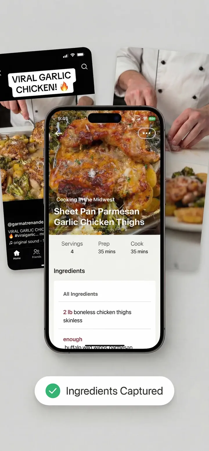 FitGoalz importing a sheet-pan chicken recipe from a social video, with the ingredients captured
